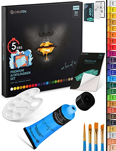 CreaTek Acrylfarben Set mit Pinsel [ inkl. 5 Stunden Acryl Videokurs ] 24x36ml Tuben + 4 Pinsel, Mischpalette + Acryl Block - Wasserfeste Acryl Farben Set mit extra hoher Deckkraft | Acrylic Paint Set von CreaTek