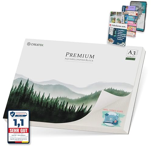 CreaTek Aquarellpapier A3 300g mit 25 Blatt [ Premium Qualität für brillante Aquarelle ] Naturweiß & Kaltgepresst Aquarellblock A3 inkl. Gratis Zubehör & Videokurs - A3 Aquarellpapier, Aquarell A3 von CreaTek