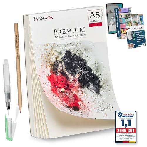 CreaTek Aquarellpapier A5 300g mit 40 Blatt [ Premium Qualität für brillante Aquarelle ] Naturweiß & Kaltgepresst Aquarellblock A5 inkl. Gratis Zubehör & Videokurs - Aquarelle Papier A5 von CreaTek