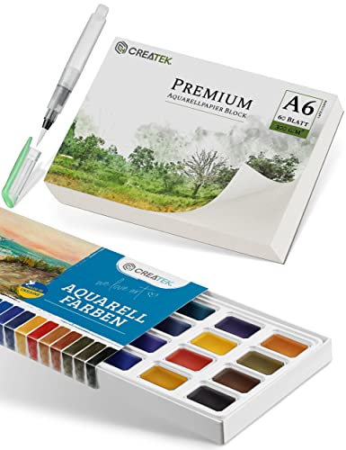 CreaTek Aquarellpapier A6 300g + Premium Aquarellfarben Set [ zum Vorteilspreis ] unschlagbare Kombination aus leuchtenden und stark pigmentierten Wasserfarben & Aquarellpapier DIN A6 Postkartenformat von CreaTek