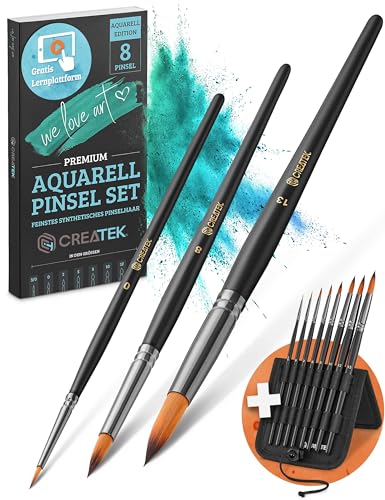 CreaTek Aquarellpinsel Set [ Premium Qualität ohne Haarverlust ] 8 hochwertige Aquarell Pinsel inkl. Aufsteller für makellose Kunstwerke - Aquarell Pinsel Set mit synthetischen Rotmarder Haar von CreaTek