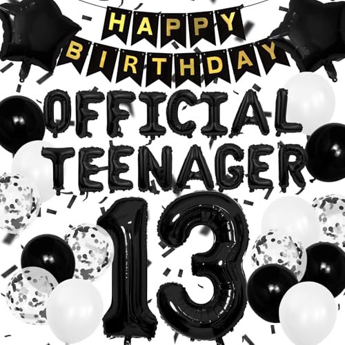 13 Geburtstag Dekorationen für Jungen, Schwarz Weiß Offizielle Teenager Party Supplies Happy 13th Birthday Luftballons Banner mit Nummer 13 Ballon Konfetti Folienballons für Jungen Mädchen von Creaher