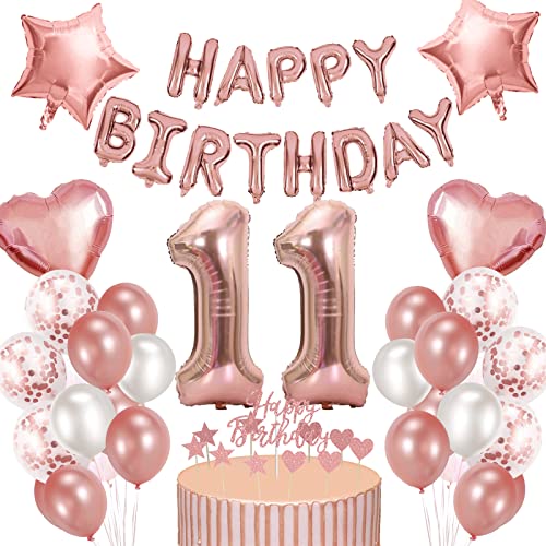 Creaher 11. Geburtstag Deko Mädchen Rosegold Ballon Set Luftballon 11 Folienballon Happy Birthday Girlande Kuchendeckel 11. Geburtstag Deko 11 Geburtstagdeko Frauen von Creaher