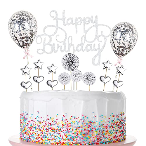 Creaher Tortendeko Silber 17 Stück, Happy Birthday Cake Topper Kuchendeko Sterne Herz Cupcake Tortenstecker für Geburtstag Dekoration Mädchen Junge von Creaher