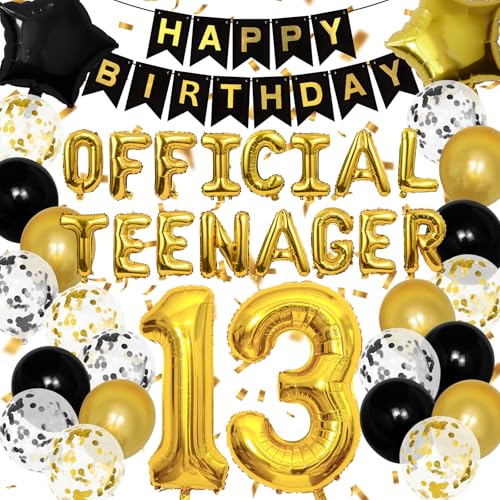 Luftballons zum 13. Geburtstag, Offizielle Teenager 13 Geburtstag Dekorationen Schwarz Gold für Jungen Mädchen Happy Birthday Banner mit Nummer 13 Stern Folienballons Konfetti Folienballons für Kinder von Creaher