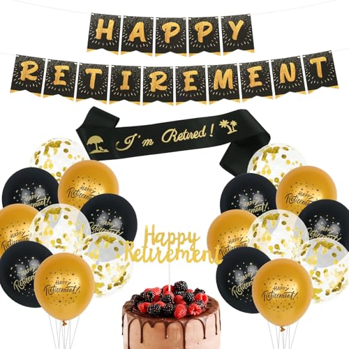 Partydekorationen für den Ruhestand, Schwarz Gold Ruhestand Banner Luftballons und Ruhestand Schärpe Dekorationen mit Happy Retirement Cake Topper für Männer Frauen Ruhestand Party Supplies von Creaher