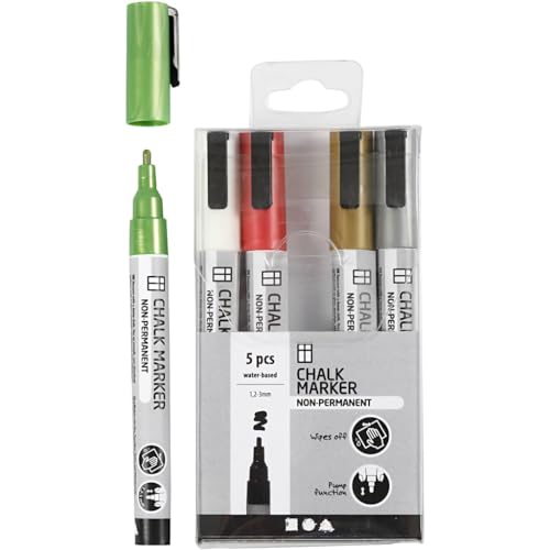 Creativ Company Kreidemarker Set - 5 Filzstifte - metallische Farben - nicht permanent - auf glatten, nicht absorbierenden Flächen anwendbar - 1,2 bis 3 mm Strichstärke von Creativ