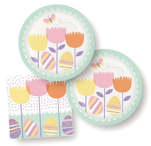 Ostern Party Teller und Servietten Set, 16 Teller (17,8 cm), 16 Servietten (16,5 cm), Pastell Tulpen und Eier Design von Creative Converting