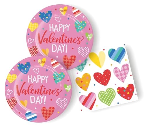 Partyzubehör "Happy Valentine's Day", 16 Teller (17,8 cm) und 16 Servietten, rosa Herz-Design von Creative Converting