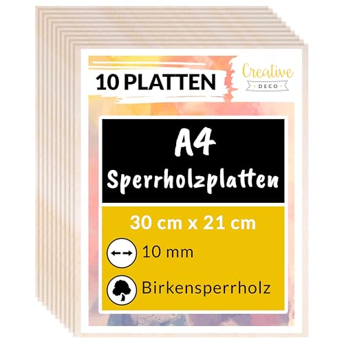 Creative Deco 10 x A4 Sperrholzplatte 10mm | 300 x 210 (+/- 0,5) mm | Birkensperrholz Dünne Holz-Zuschnitte | Perfektes Blatt für Laubsäge, Brandmalerei, Laserschnitt, CNC Router, Durchbrochenes von Creative Deco