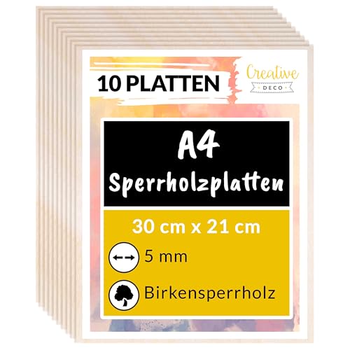 Creative Deco 10 x A4 Sperrholzplatte 5mm Pappelsperrholz | 300 x 210 (+/- 0,5) mm | Dünne Holz-Zuschnitte | Perfektes Blatt für Laubsäge, Brandmalerei, Laserschnitt, CNC Router, Durchbrochenes von Creative Deco