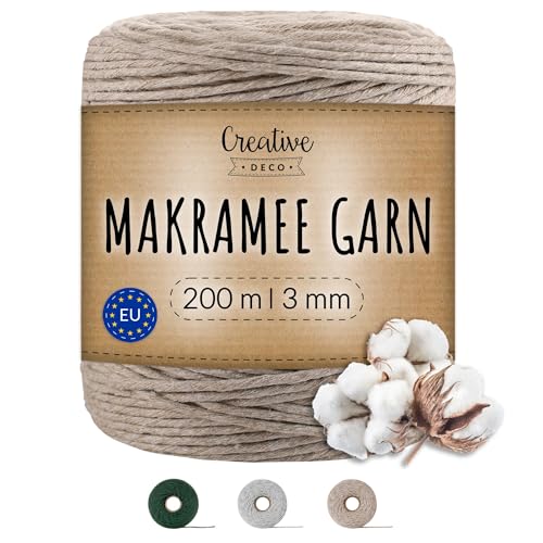 Creative Deco 200m Dunkel-Beige Makramee Garn 3mm | 656 Fuß | 15-lagig Schnur | Baumwollgarn Baumwoll Kordel Große Rolle Naturliche Stark | Macrame Cord 3mm für Basteln, DIY, Handwerk & Boho Deko von Creative Deco