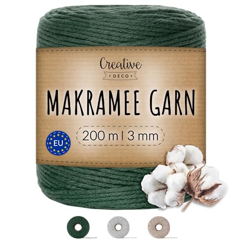 Creative Deco 200m Dunkel-Grün Makramee Garn 3mm | 656 Fuß | 15-lagig Schnur | Baumwollgarn Baumwoll Kordel Große Rolle Naturliche Stark | Macrame Cord 3mm für Basteln, DIY, Handwerk & Boho Deko von Creative Deco