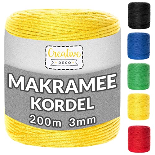 Creative Deco 100m Gelb Makramee-Garn Baumwoll-Kordel Baumwoll-Schnur | 328 Fuß | 2-3 mm Dicke 15-lagig Schnur | Große Rolle Naturliche Starke | Perfekt für Basteln, DIY, Handwerk & Stricken von Creative Deco