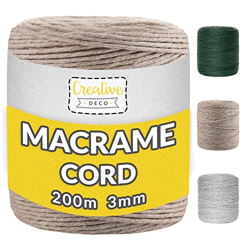 Creative Deco 200m Dunkel-Beige Makramee Garn 3mm | 656 Fuß | 15-lagig Schnur | Baumwollgarn Baumwoll Kordel Große Rolle Naturliche Stark | Macrame Cord 3mm für Basteln, DIY, Handwerk & Boho Deko von Creative Deco