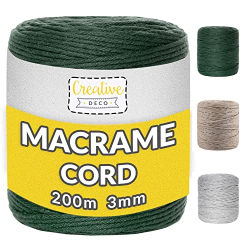 Creative Deco 200m Dunkel-Grün Makramee Garn 3mm | 656 Fuß | 15-lagig Schnur | Baumwollgarn Baumwoll Kordel Große Rolle Naturliche Stark | Macrame Cord 3mm für Basteln, DIY, Handwerk & Boho Deko von Creative Deco