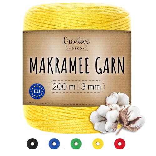 Creative Deco 200m Gelb Makramee Garn 3mm | 328 Fuß | 15-lagig Schnur | Baumwollgarn Baumwoll Kordel Große Rolle Naturliche Stark | Macrame Cord 3mm für Basteln, DIY, Handwerk & Boho Deko von Creative Deco