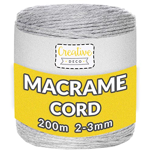 Creative Deco 200m Hell-Grau Makramee Garn 3mm | 656 Fuß | 15-lagig Schnur | Baumwollgarn Baumwoll Kordel Große Rolle Naturliche Stark | Macrame Cord 3mm für Basteln, DIY, Handwerk & Boho Deko von Creative Deco