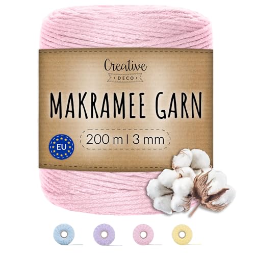 Creative Deco 200m Pastel Rosa Makramee Garn Baumwoll Polyester Kordel Baumwollschnur | 656 Fuß | 2-3 mm Dicke | Große Rolle Naturliche Starke | Perfekt für Basteln, DIY, Handwerk & Stricken von Creative Deco