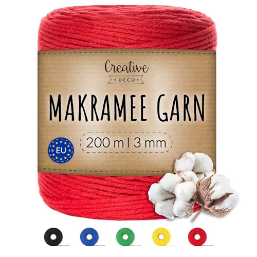 Creative Deco 200m Rot Makramee Garn 3mm | 656 Fuß | 15-lagig Schnur | Baumwollgarn Baumwoll Kordel Große Rolle Naturliche Stark | Macrame Cord 3mm für Basteln, DIY, Handwerk & Boho Deko von Creative Deco