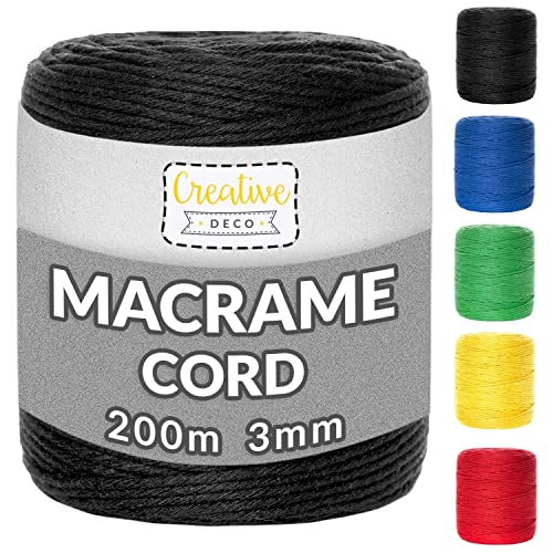 Creative Deco 200m Schwarz Makramee Garn 3mm | 656 Fuß | 15-lagig Schnur | Baumwollgarn Baumwoll Kordel Große Rolle Naturliche Stark | Macrame Cord 3mm für Basteln, DIY, Handwerk & Boho Deko von Creative Deco