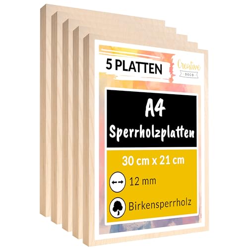 Creative Deco 5 x A4 Sperrholzplatte 12mm | 300 x 210 (+/- 0,5) mm | Birkensperrholz Dünne Holz-Zuschnitte | Perfektes Blatt für Laubsäge, Brandmalerei, Laserschnitt, CNC Router von Creative Deco