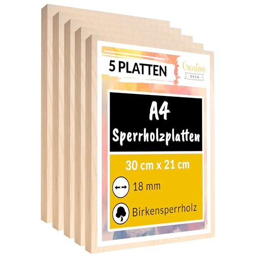 Creative Deco 5 x A4 Sperrholzplatte 18mm | 300 x 210 (+/- 0,5) mm | Birkensperrholz Dünne Holz-Zuschnitte | Perfektes Blatt für Laubsäge, Brandmalerei, Laserschnitt, CNC Router von Creative Deco