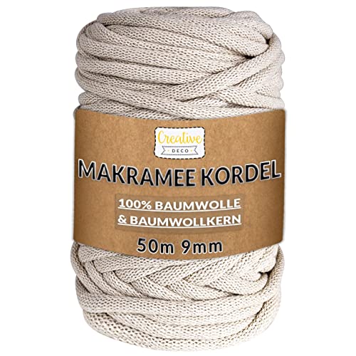 Creative Deco 50m Beige Makramee Garn | 9 mm Dicke | 164 Fuß Baumwollkordel Baumwollschnur Baumwollgarn Kordel Baumwolle Makramee Cord Große Seil Rolle Starke | für Basteln DIY Handwerk & Stricken von Creative Deco