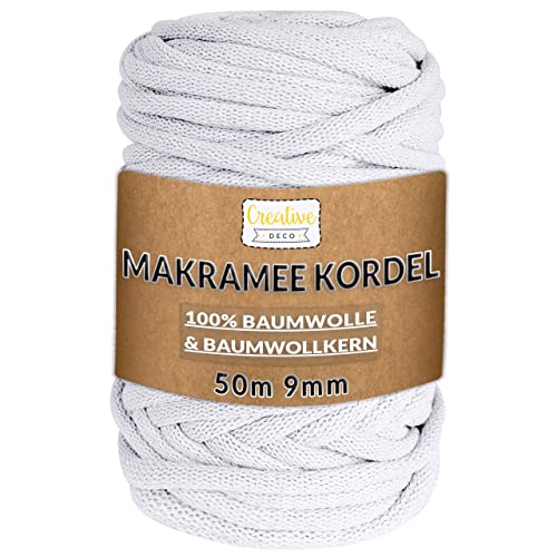 Creative Deco 50m Weiße Makramee Garn | 9 mm Dicke | 164 Fuß Baumwollkordel Baumwollschnur Baumwollgarn Kordel Baumwolle Makramee Cord Große Seil Rolle Starke | für Basteln DIY Handwerk & Stricken von Creative Deco