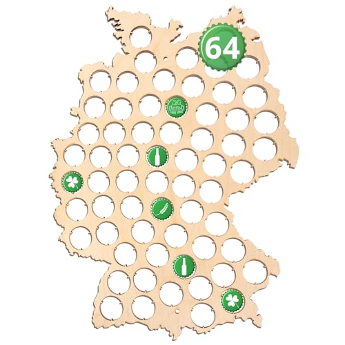 Creative Deco Deutschlandkarte Kronkorken Sammler Bierkarte Deutschland aus Sperrholz | Für 64 Flaschenverschluss | Handgefertigt Holz Deko Wanddeko | Maße 32,5 x 44 x 0,5 cm | Bar Bier Geschenk von Creative Deco