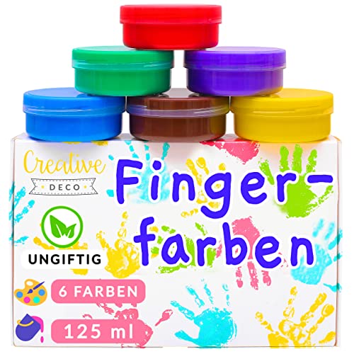 Creative Deco Fingerfarben Kinder Ungiftig | 6 x 125 ml Becher | Intensive Farben | Set für Kleinkinder | Sicher & Ungiftig | Wasserbasiert | Bastel-Farbe Plakat-Farbe Schulmalfarben Fingermalfarben von Creative Deco