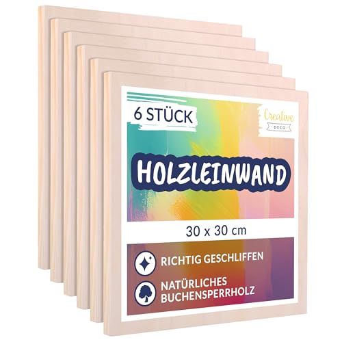 Creative Deco Holz Leinwand zum Bemalen 30 x 30 cm 6er Pack | Set von Holz-Malgründe | 1,7 cm Dicke | Malplatte für Profis und Hobby-Maler | Malunterlagen für Kunstprojekte, Dekoration, Gemälde von Creative Deco