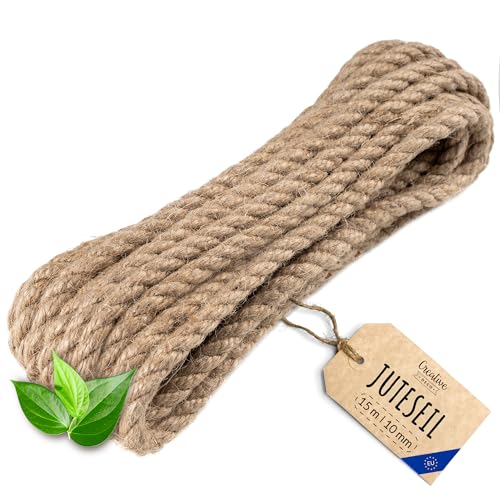 Creative Deco Juteseil Juteschnur | 15m Lang (Personalisierung alle 5m möglich) | 10mm Dickes Seil | Jute Hanfseil Tau Schnur | Gedreht Garn Kordel Naturfaser | Braunes Deko Seil Handlauf DIY Garten von Creative Deco