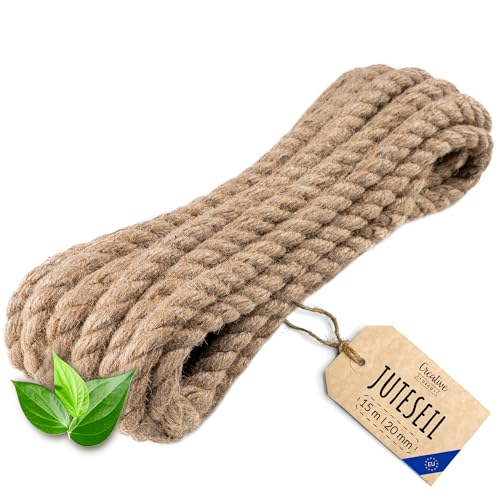 Creative Deco Juteseil Juteschnur | 15m Lang (Personalisierung alle 5m möglich) | 20mm Dickes Seil | Jute Hanfseil Tau Schnur | Gedreht Garn Kordel Naturfaser | Braunes Deko Seil Handlauf DIY Garten von Creative Deco