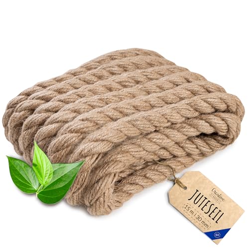 Creative Deco Juteseil Juteschnur | 15m Lang (Personalisierung alle 5m möglich) | 30mm Dickes Seil | Jute Hanfseil Tau Schnur | Gedreht Garn Kordel Naturfaser | Braunes Deko Seil Handlauf DIY Garten von Creative Deco