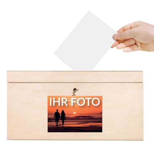 Creative Deco Kartenbox Hochzeit Personalisiert Holzkiste mit Deckel | 29 x 25 x 15 cm (+/- 0,5 cm) | Geldbox mit Foto | Geldgeschenke Box Holzbox mit Schlitz Geschenkkarten Geldbox Briefbox von Creative Deco