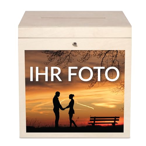 Creative Deco Kartenbox Hochzeit Personalisiert Holzkiste mit Deckel | 29 x 25 x 30 cm (+/- 0,5 cm) | Geldbox mit Foto | Geldgeschenke Box Holzbox mit Schlitz Geschenkkarten Geldbox Briefbox von Creative Deco