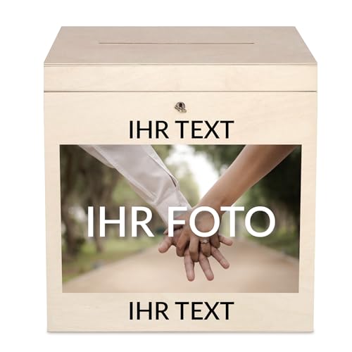 Creative Deco Kartenbox Hochzeit Personalisiert Holzkiste mit Deckel | 29 x 25 x 30 cm (+/- 0,5 cm) | Geldbox mit Wunschtext + Foto | Geldgeschenke Box Holzbox mit Schlitz Geschenkkarten Geldbox von Creative Deco