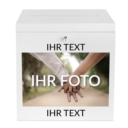 Creative Deco Kartenbox Hochzeit Personalisiert Holzkiste mit Deckel Weiß | 29 x 25 x 30 cm (+/- 0,5 cm) | Geldbox mit Wunschtext + Foto | Geldgeschenke Box Holzbox mit Schlitz Geschenkkarten Geldbox von Creative Deco