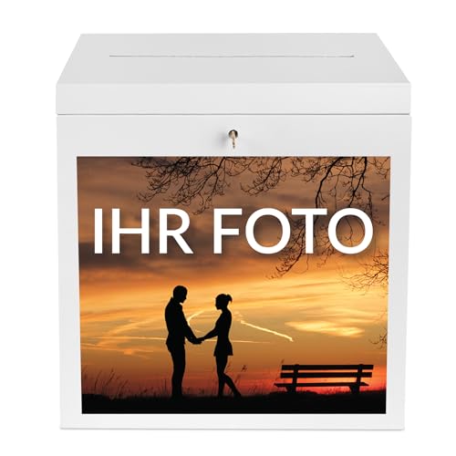 Creative Deco Weiße Kartenbox Hochzeit Personalisiert Holzkiste mit Deckel | 29 x 25 x 30 cm (+/- 0,5 cm) | Geldbox mit Foto | Geldgeschenke Box Holzbox mit Schlitz Geschenkkarten Geldbox Briefbox von Creative Deco