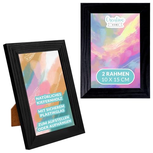 Creative Home 2er Schwarz Bilderrahmen 10x15 cm Set | Unlackiert Fotorahmen aus Kiefern-Holz | mit Rückwand zum Auf-Stellen und Auf-Hängen | Portrait-Rahmen | Geschenk | 2er-Pack von Creative Home