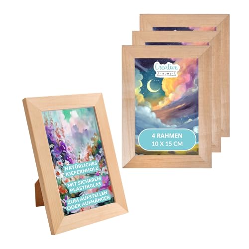 Creative Home 4er Bilderrahmen 10x15 cm Set | Unlackiert Fotorahmen aus Kiefern-Holz | mit Rückwand zum Auf-Stellen und Auf-Hängen | Portrait-Rahmen | Geschenk | 4er-Pack von Creative Home