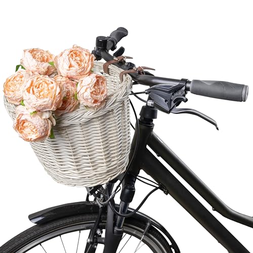 Creative Home Weide Fahrradkorb Universal | 36 x 29 x 23 cm (+/-2 cm) | Weiß | Weidenkorb mit Lederbänden | Weide Fahrrad Korb | Montierbarer Fahrradkorb für Lenker | Fahrradzubehör von Creative Home