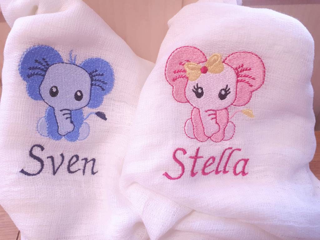 Spucktuch/Mullwindel Elefant Rosa Und Blau Personalisiert & Bestickt von CreativeCreatorDE