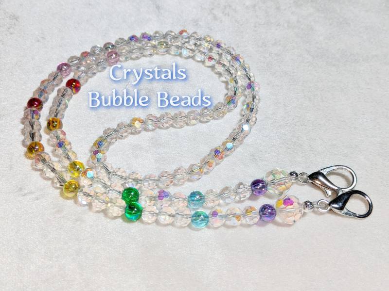 Gesichtsmaske Kettenhalter Lanyard Kristalle Bubble Perlen Regenbogen 26 "Silber Spangen Bling Frauen Geschenk Sparkle Schmuck Designer Maske Kette von CreativeDesignsByVMS