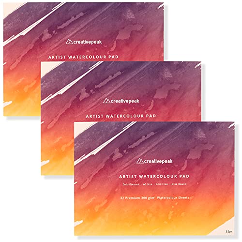 Aquarellpapier-Malblock (96 Blatt, A5-Format (14,8 x 21 cm), 3er-Pack) – Premium 300 g/m² dickes, professionelles Mixed-Media-Skizzenbuch – von CreativePeak von Creativepeak