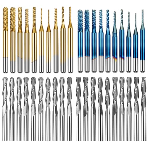 Creatorally Schaftfräser-Satz CNC Fräser, 40 CNC Router Bits, 3,175mm (1/8") Schaft, CNC Fräser-Satz mit 2-Nuten Flach- als auch Kugelkopffräsern, Nano Blue Beschichtung & Titan Beschichtung von Creatorally