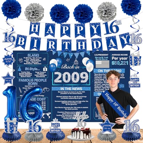 Crenics 16 Geburtstag Dekorationen für Jungen oder Mädchen - Back in 2009 Geburtstag Hintergrund 16 Geburtstag Banner Wirbel Waben Schärpe Kuchen Topper und Luftballons für 16 Geburtstag Party von Crenics