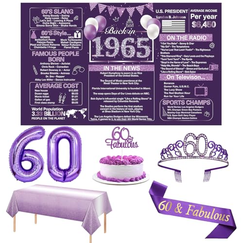 Crenics Lila 60. Geburtstag Dekorationen für Frauen 1965 - Back in 1964 Geburtstag Hintergrund Banner, 60. Geburtstag Schärpe und Tiara, Tischdecke und Tortenaufsatz für 60 Jahre alte Geburtstagsparty von Crenics