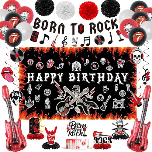 Crenics Rock and Roll Geburtstag Party Dekorationen - Happy Birthday Hintergrund Born to Rock Banner Wirbel Honeycomb Papier Pom Poms und Luftballons für Star Music Rock and Roll Dekorationen von Crenics